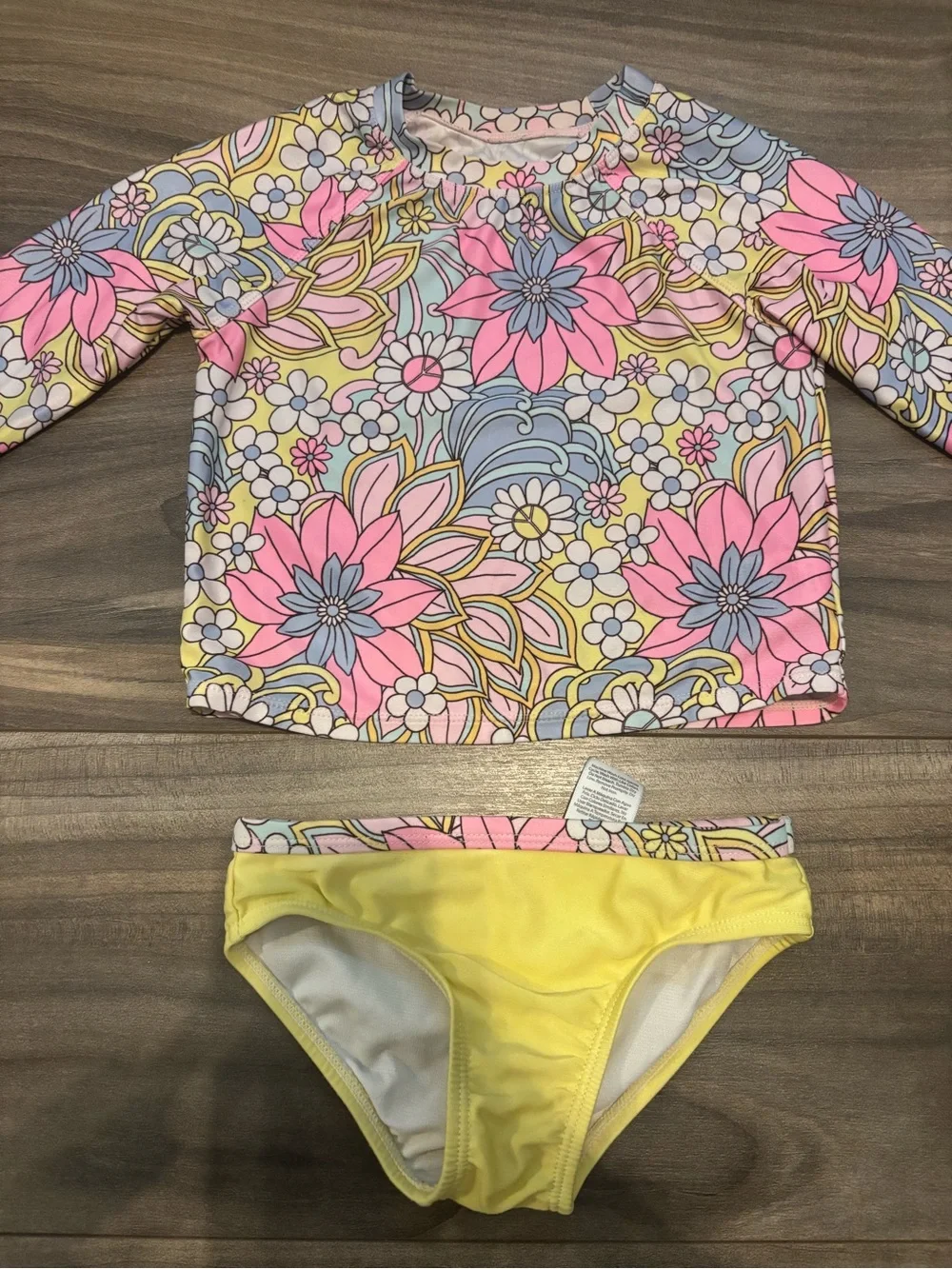 wonder nation Pink Floral Long-Sleeve Rash Guard with Yellow Bikini Bottoms